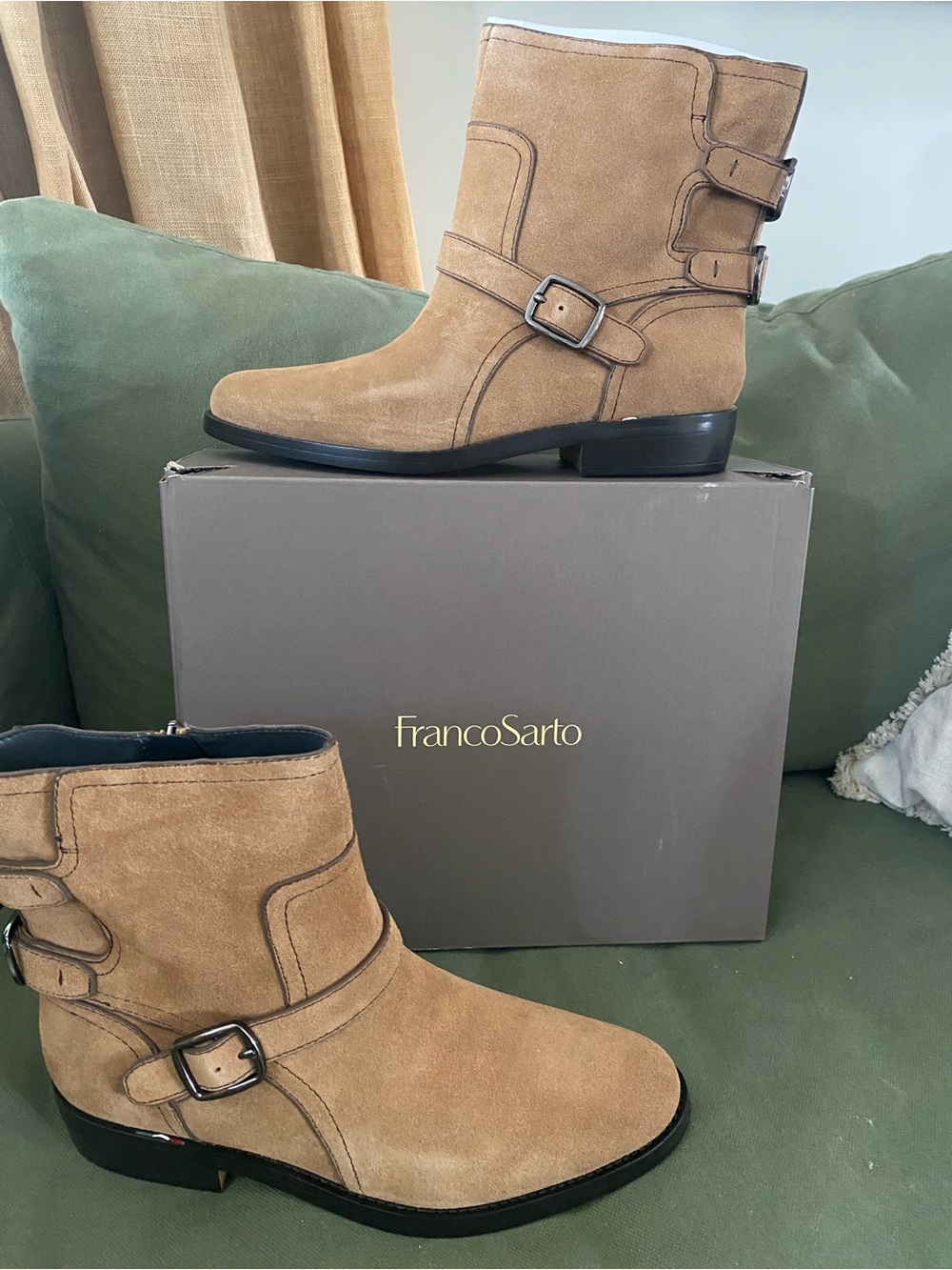 Franco Sarto Tan Suede Buckle Ankle Boots